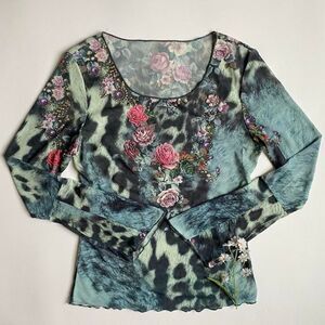 Women’s Y2K green mesh animal print beaded floral boho artsy long sleeve top